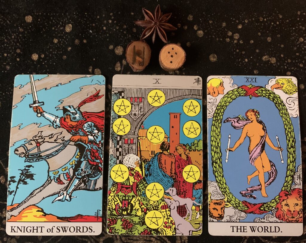 Hagalaz and Puella at the top as the significator runes; L-R Knight of Swords, 10 of Pentacles, and The World for the cards