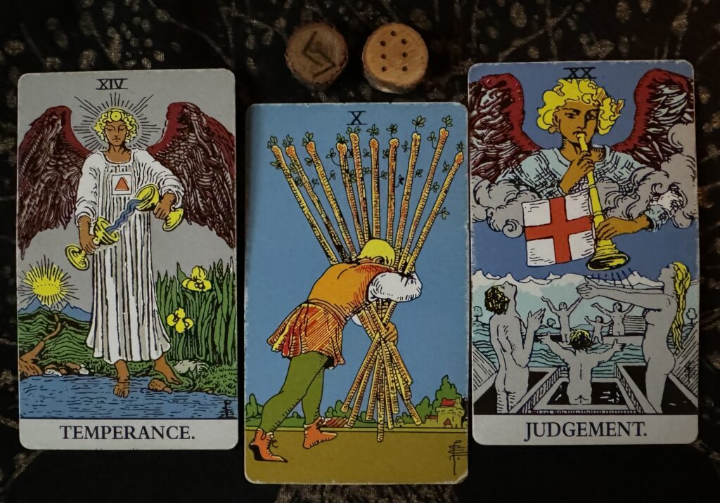 Runes: Jera, Laetitia
Cards: Temperance, 10 of Wands, and Judgment