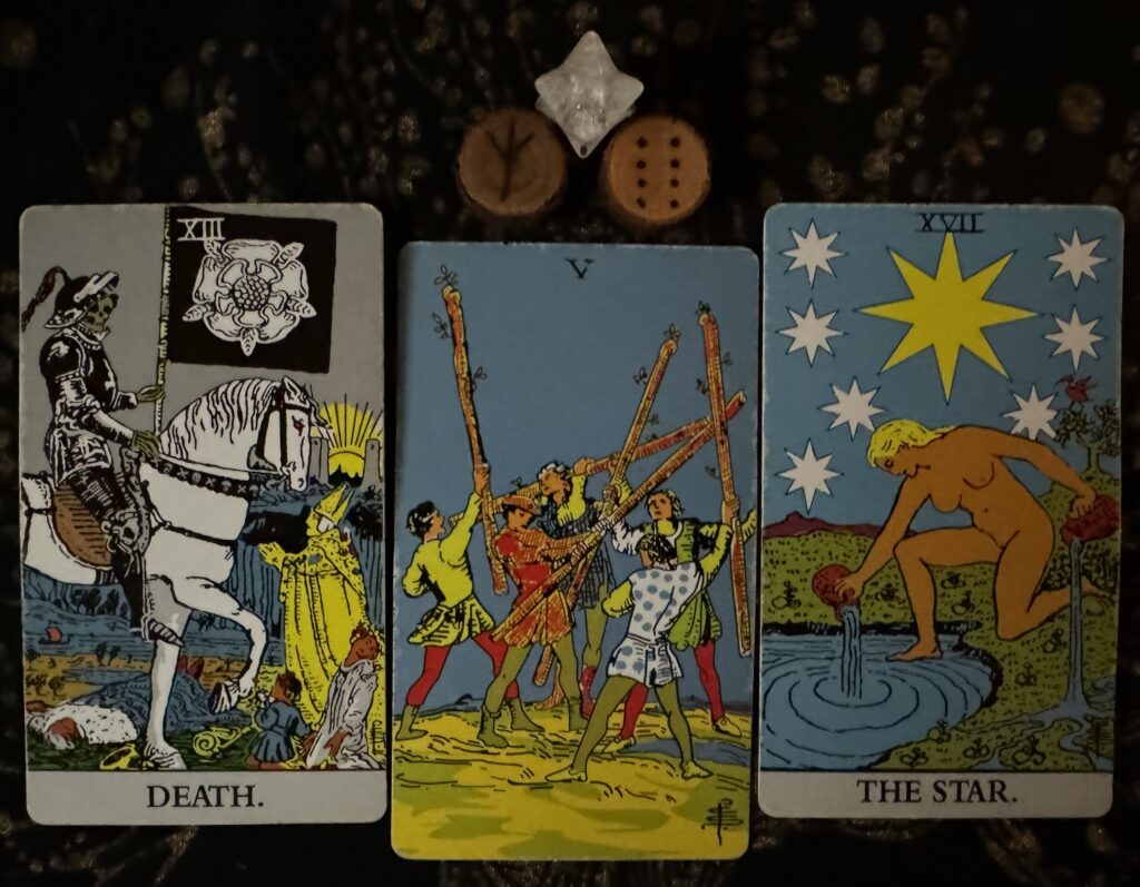 Runes: Algiz, Populus
Cards, Death, 5 of Wands, The Star