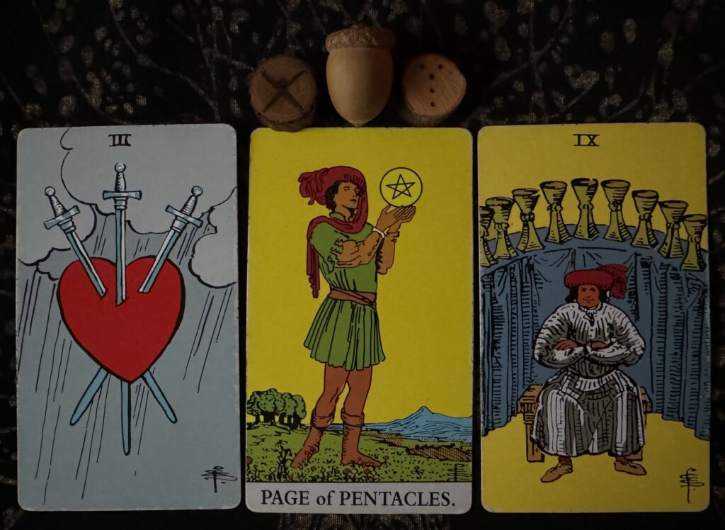 Runes: Gebo, Caput Draconis
Cards: 3 of Swords, Page of Pentacles, 9 of Cups