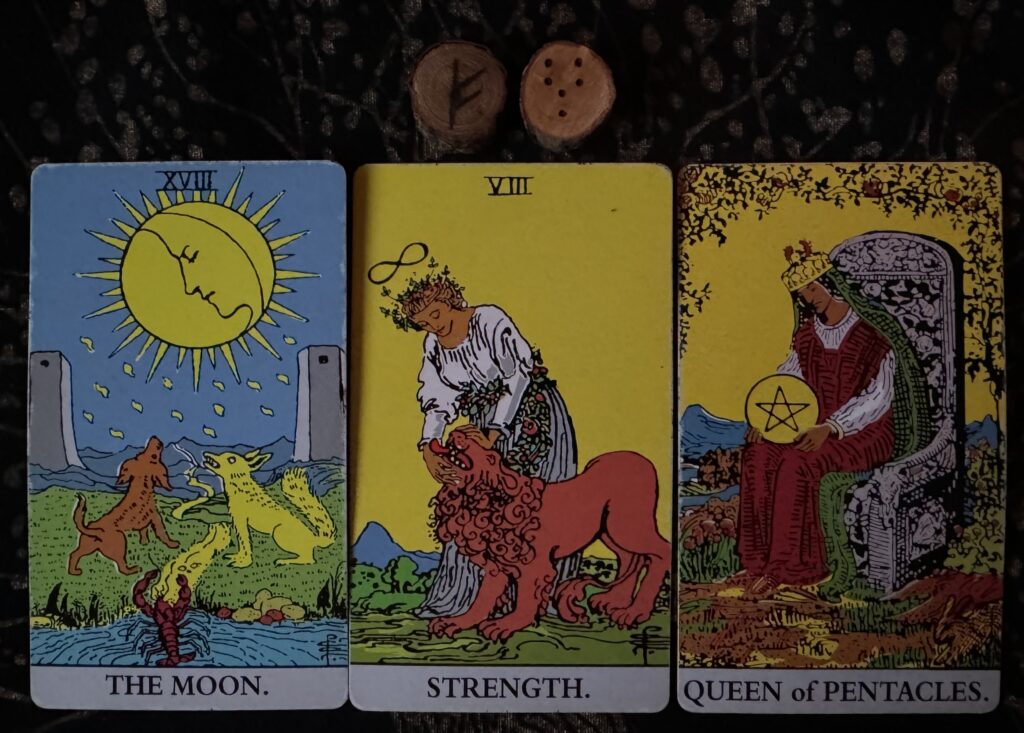 Runes: Fehu, Fortuna Major
Cards: The Moon, Strength, Queen of Pentacles