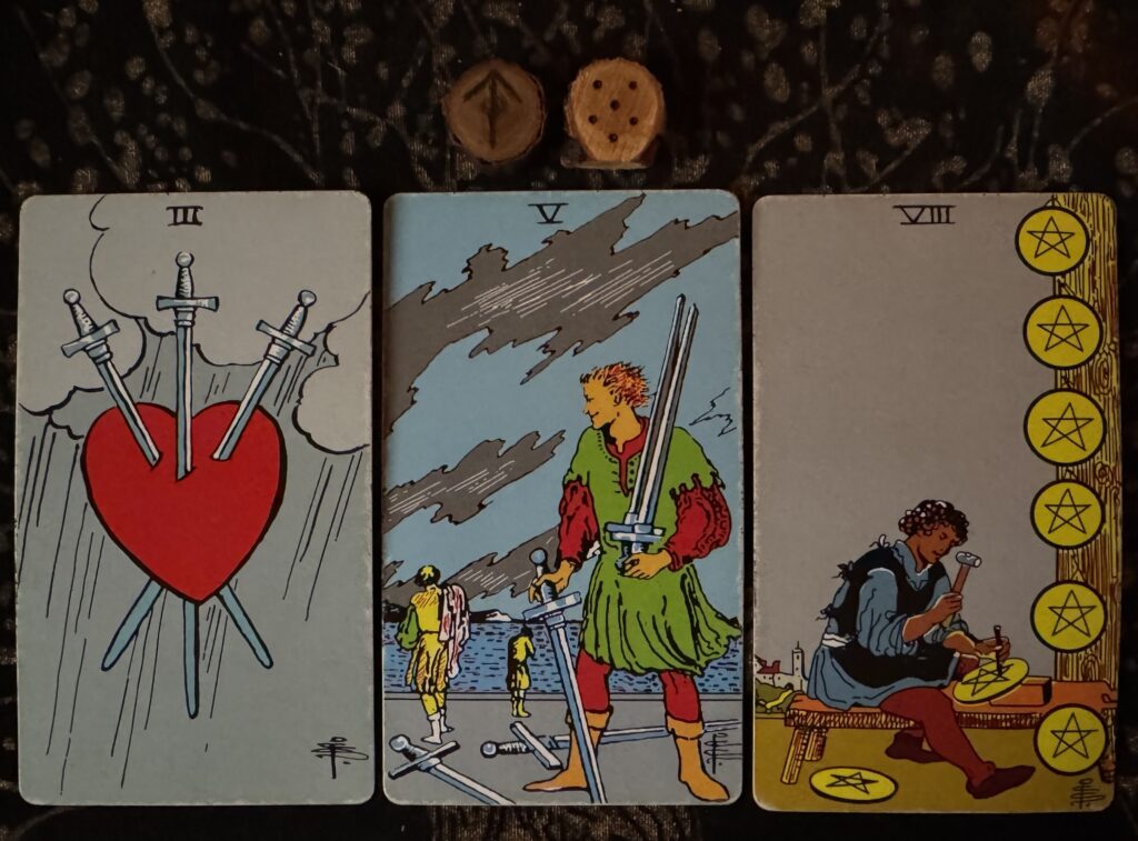 Runes: Tiwaz, Acquisitio
Cards: 3 of Swords, 5 of Swords, 8 of Pentacles