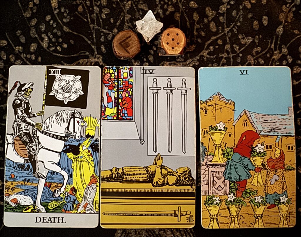 Runes: Kenaz, Acquisitio
Cards: Death, 4 of Swords, 6 of Cups